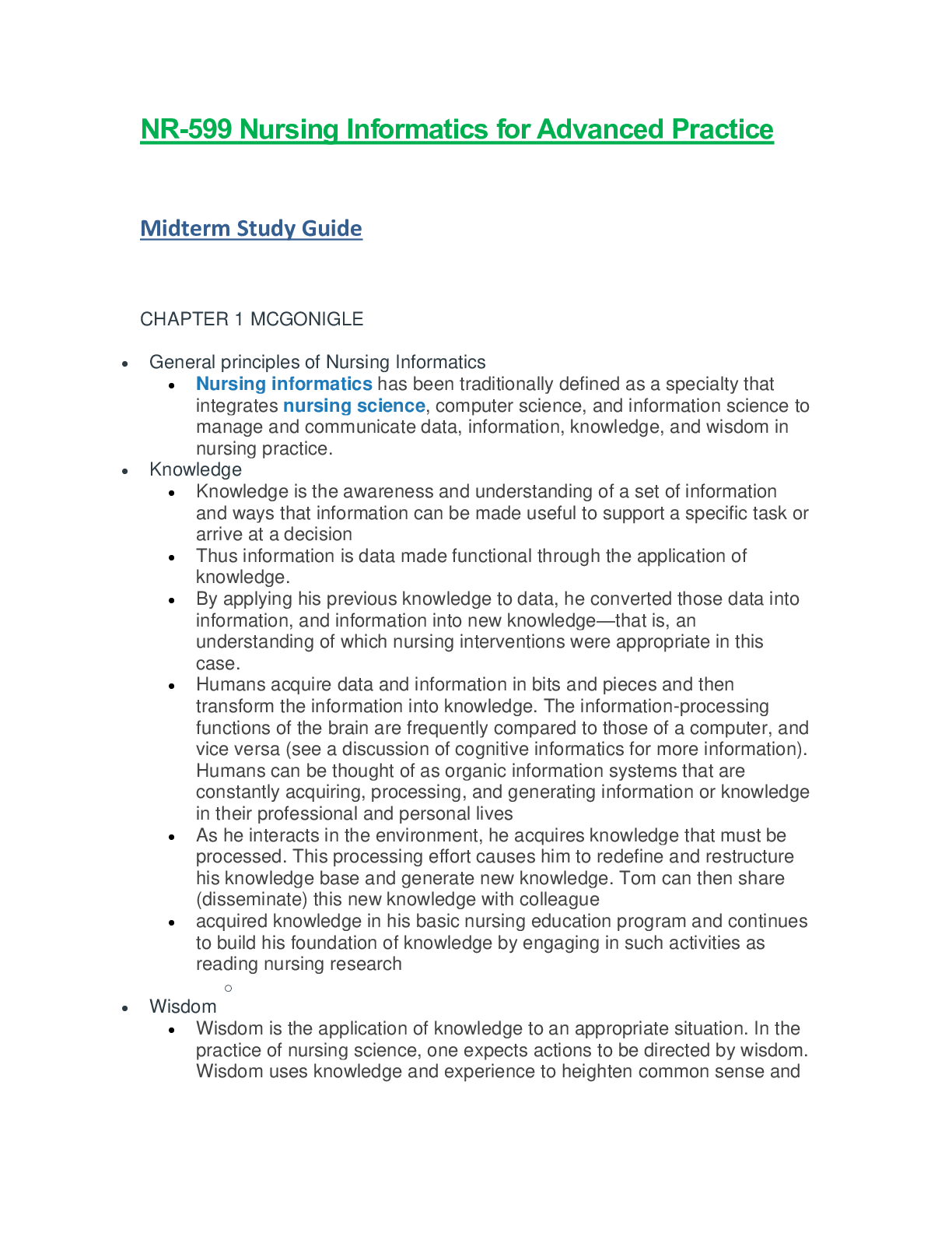 Preview of NR 599 / NR599: Nursing Informatics for Advanced Practice Midterm Study Guide REVISED (Fal